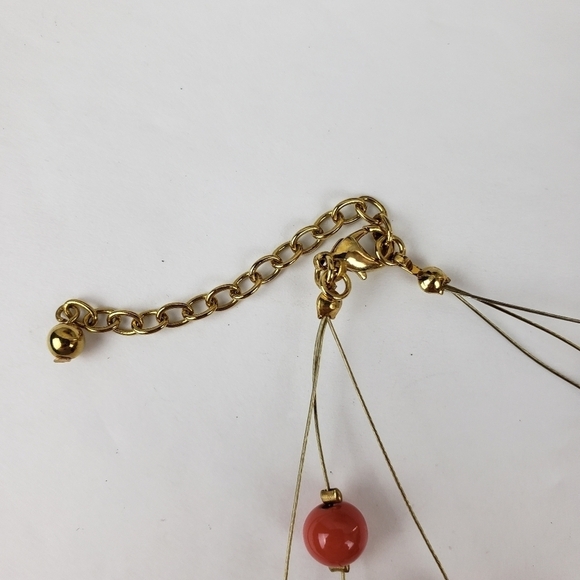 Multi Strand Illusion Wire Coral Bead Goldtone Floating Necklace Adjustable - Picture 6 of 7